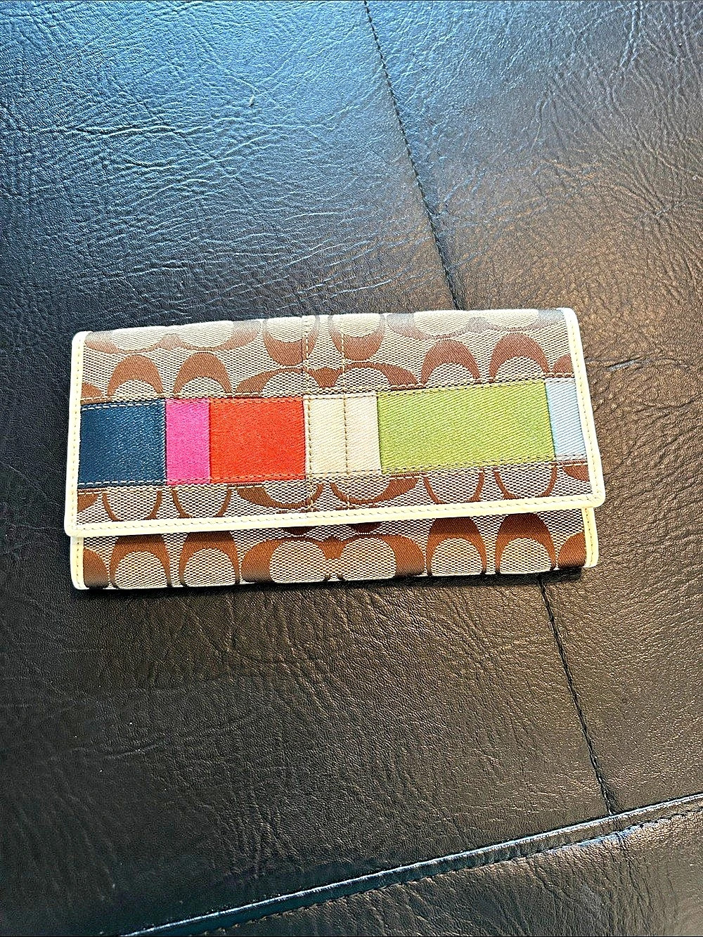 Coach Legacy Signature Stripe Patchwork Long Wallet Brown & White